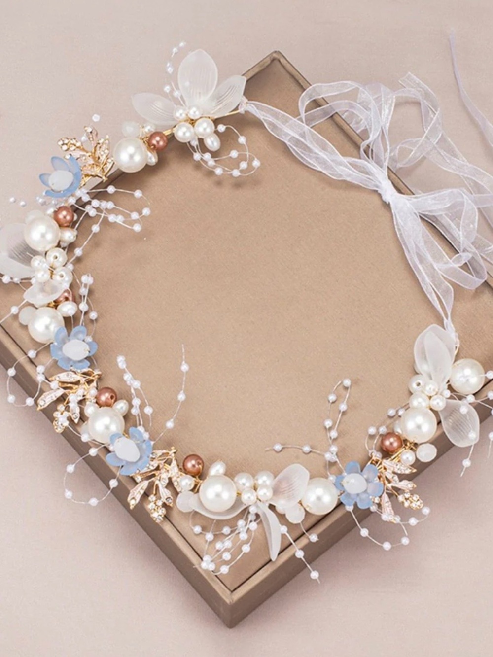KissProm Girls Delicate Pearl & Blue Floral Bridal Headband